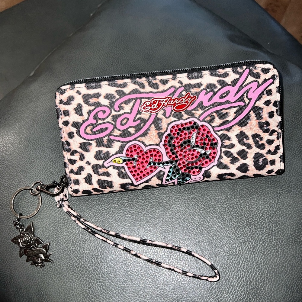 Ed Hardy Pink Leopard Print Wristlet